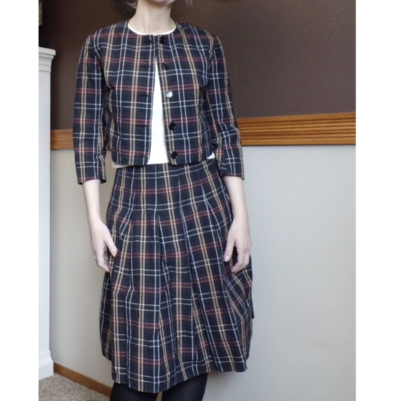1960's PLAID SKIRT SUIT 60's vintage set S (D4) - Picture 3 of 9
